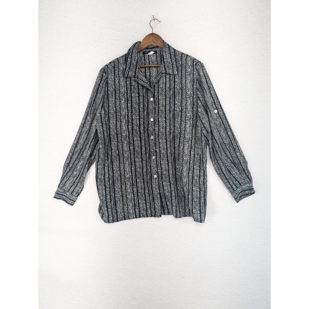 Impressions Button DownGary Black White Vertical Stripe Long Sleeve Casual XL‎